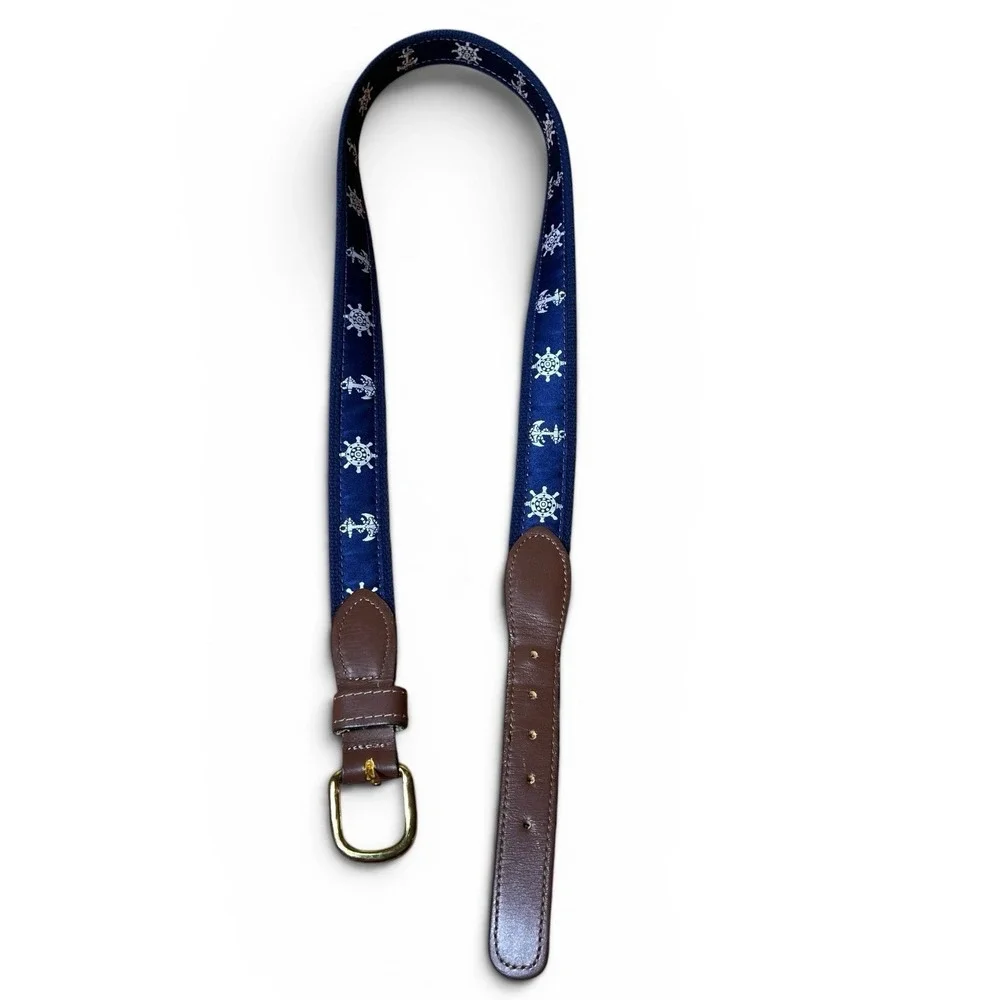 Men's Navy Blue Nautical Anchor Wheel Belt size 38 Preppy Cruise Brown Leather